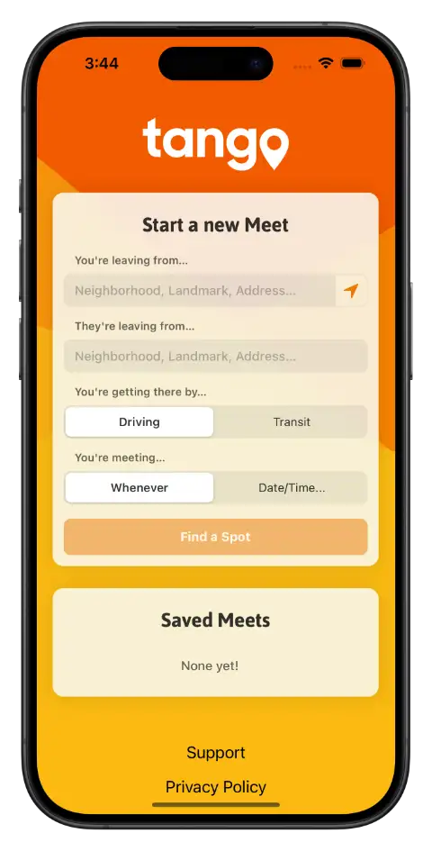 A screenshot of the Tango app showing its homescreen
